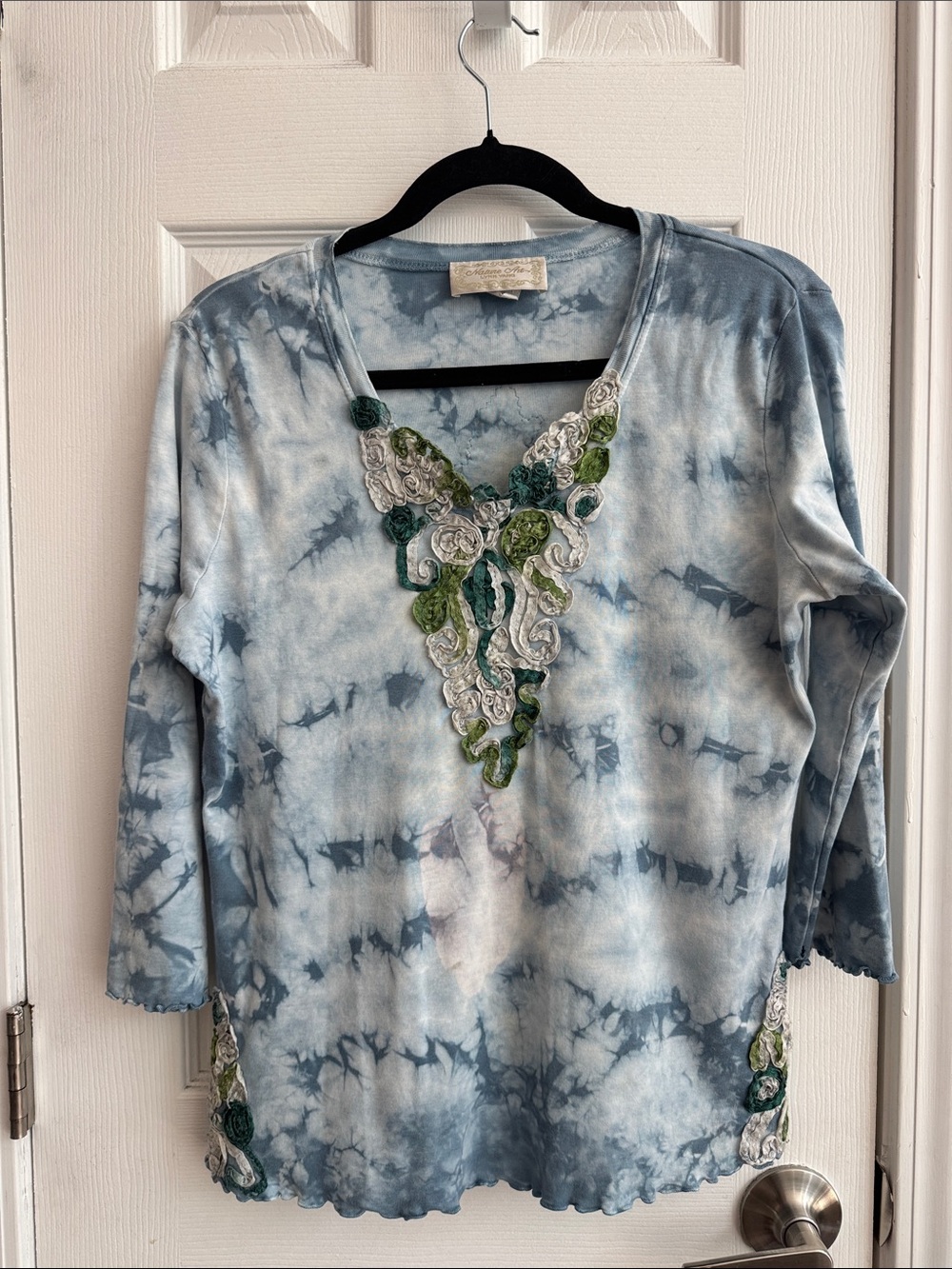 Nature Art by Lynn Yang Y2k/90s Embroidered Tie Dye 3/4 Sleeve Cotton Top Sz Med